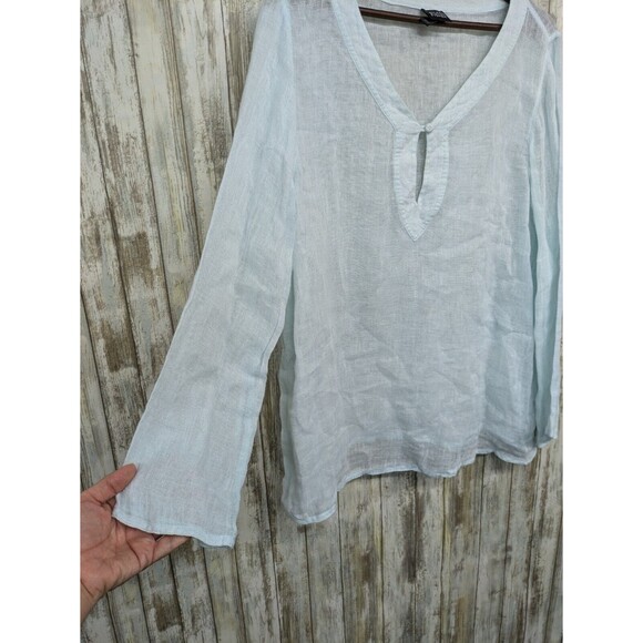 Eileen Fisher Semi Sheer 100% Linen Long Sleeve Top Mint Green Keyhole Large - Picture 2 of 10